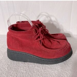 Vintage Lower East Side Red Suede Chunky Sole Lace Up Ankle Boots Booties 6.5